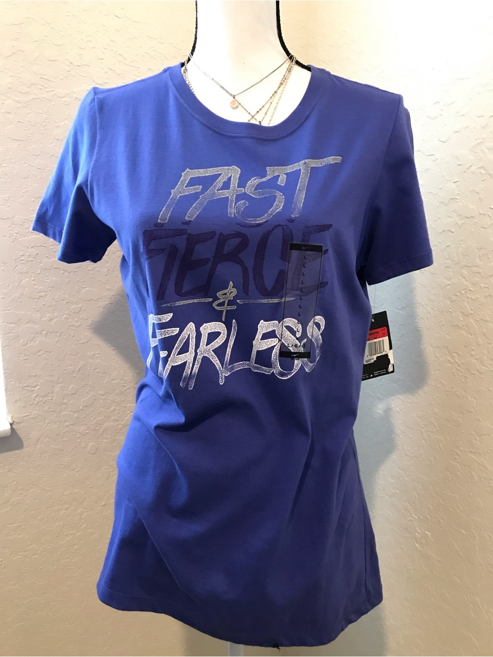 Nike Periwinkle Blue graphic tee with 'Fast, Fierce & Fearless' text